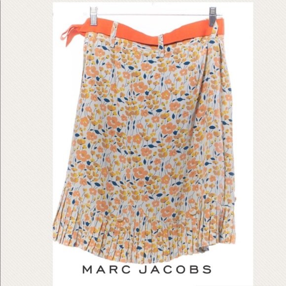 MARC JACOBS Silk Floral Print Pleated Skirt, Blue Yellow Orange, US 2 - Picture 4 of 16